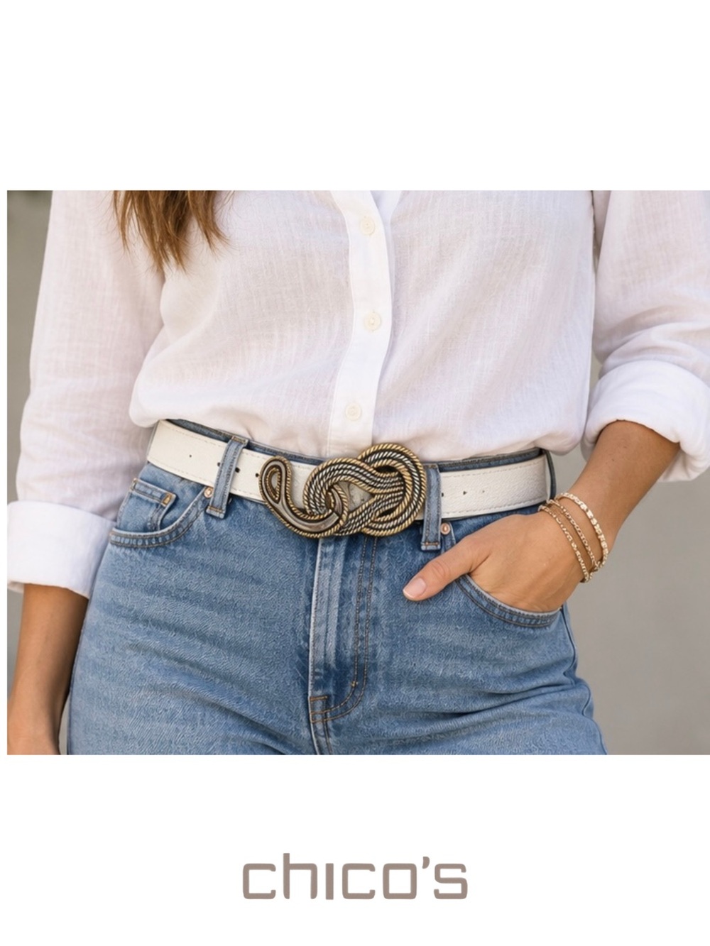 Chico's White Adjustable Genuine Leather Gold & Silver Ornate Buckle Belt S/M